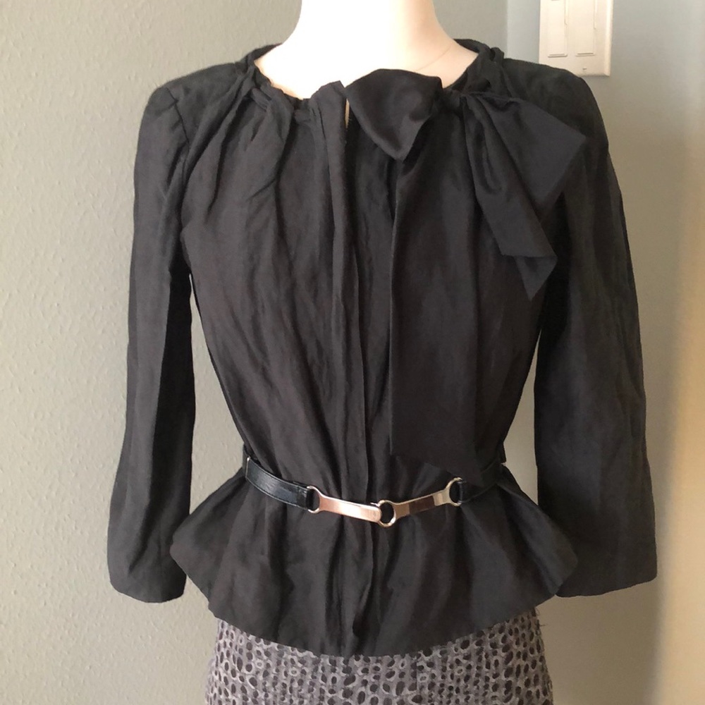 Ann Taylor navy jacket w silk bow collar and 3/4 length sleeves